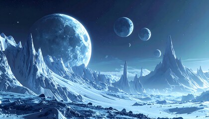 Snowy alien landscape with multiple moons in the night sky