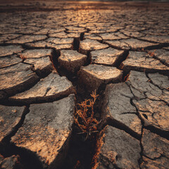 Cracked dry earth with small plant, highlighting climate change impact and resilience