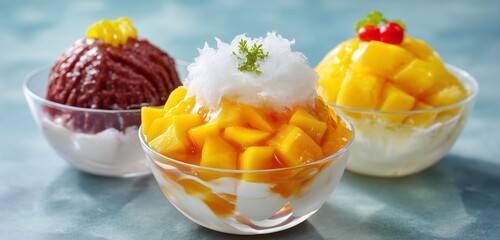 Three bowls of shaved ice desserts with mango and red bean toppings on a blue marble surface