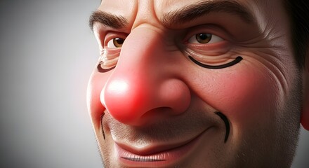 Obraz premium Close-up of a man with a red nose and painted smile lines, cartoonish style.
