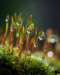 Dew covered moss with morning light creates serene and soft bokeh background