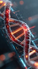 A close-up view of a DNA double helix illuminated with glowing elements, symbolizing genetic research and biotechnology.