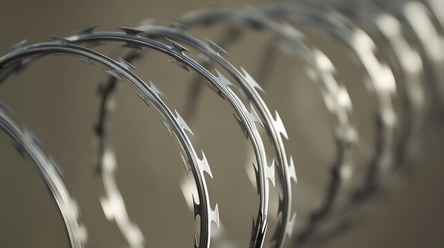 Barbed wire coil with razor sharp edges. Metal barrier provides security. Gray background adds to its industrial feel. Focus is on protection.