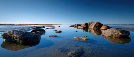 Calm ocean shore with rocks reflecting in water under clear blue sky