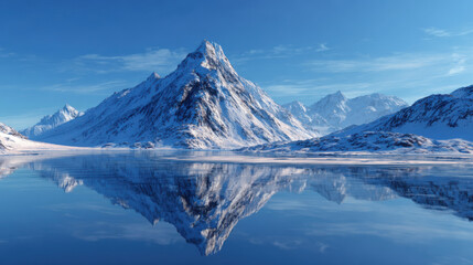 Snow covered mountain with frozen lake reflecting clear blue sky, creating serene and majestic landscape