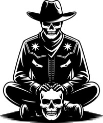 Skeleton Cowboy Sitting Meditation Pose With Skull In Front