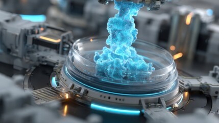 A futuristic machine emits vibrant blue vapor, suggesting advanced technology and innovation in a sleek, sci-fi environment.