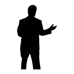 This is a silhouette of a man in a suit, gesturing with his hand. He is isolated on a white background. The image is simple, minimalist, and professional looking.