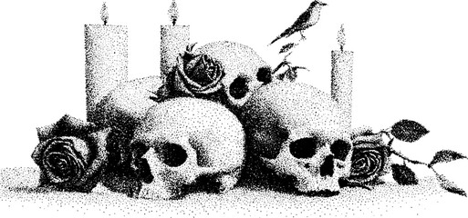 Intricate stipple art composition of skulls, roses, and candles with bird motif for unique gothic design