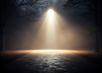 Mysterious bright beam of light shines down through dark forest trees at night