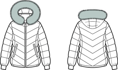 Front and Back Technical Sketch of Hooded Winter Jacket with Fur Trim, Quilted Sleeves, Chevron Quilted Back, Zipper Closure, Ribbed Cuffs, and Side Zip Pockets