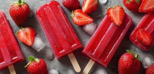 Close up of strawberry popsicles with fresh strawberries and ice cubes on a gray background