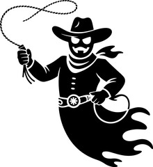 Intriguing Ghostly Cowboy Silhouette Wielding a Lasso in a Dynamic Vector Illustration Design