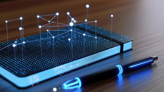 A digital abstract scene with a notebook, pen and connected dots, blue glow