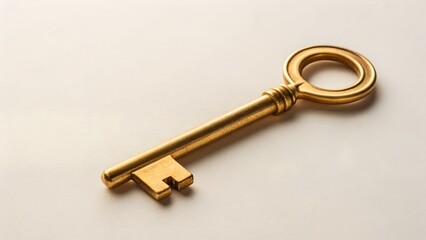 Elegant Golden Key on Bright White Surface High Angle View Represents Unlock Success