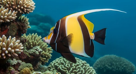 A vibrant butterflyfish swims near coral reefs in the clear blue ocean water.