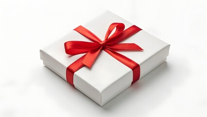 Obraz premium Elegant White Gift Box Tied with a Vibrant Red Satin Ribbon on White Background