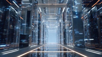 A futuristic corridor filled with glowing panels and digital elements, creating a high-tech environment that suggests advanced technology and innovation.