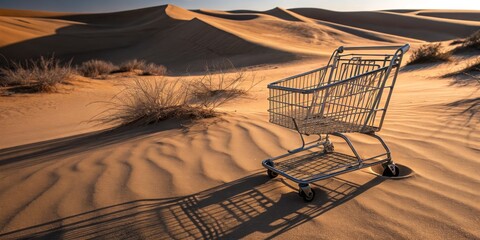 Shopping cart stands alone in serene desert landscape at sunset Generative AI
