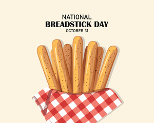 Several Breadstick with red checkered cloth and bold text in circle frame on light brown background to celebrate National Breadstick Day on October