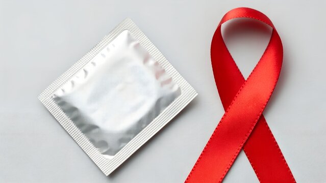 World Aids Day Awareness Still Life with Shiny Condom Wrapper and Red Ribbon Symbol on Light Gray Background