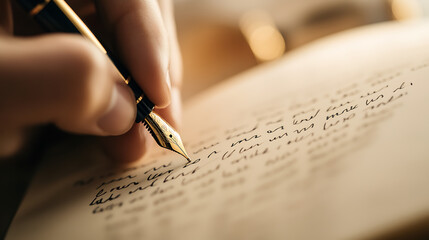 Fountain pen writing on paper, capturing the elegance of calligraphy and the art of handwriting. Ink flows, preserving thoughts and tales.