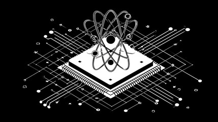 3D abstract quantum processor with atomic energy symbol and digital network connections on futuristic circuit background
