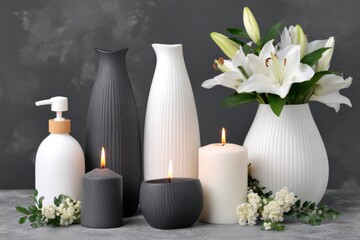 A serene arrangement featuring elegant vases, candles, and fresh lilies against a soft gray backdrop, creating a calming and stylish ambiance.