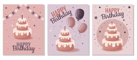 Pastel Birthday Cake Greeting Card Set. Vector birthday card template ready to print