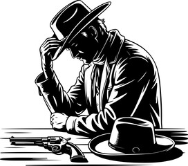 Silhouette of a pensive cowboy leaning against a wooden post while holding a bottle of liquor