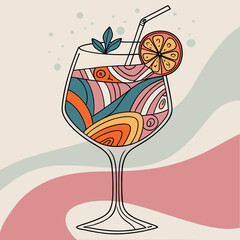 Abstract cocktail with orange slice and swirling patterns