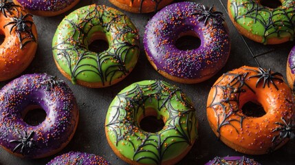Festive Halloween donuts with vibrant icing and playful spider decorations perfect for spooky season parties and delicious treats