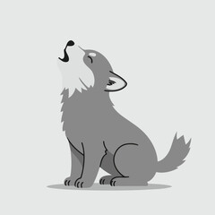 Adorable Grayscale Howling Wolf Vector Illustration in Flat Cartoon Style