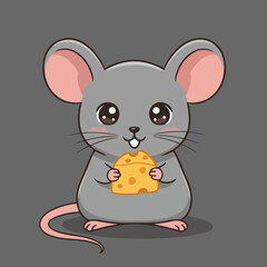 Kawaii Happy Grey Mouse Holding Cheese Vector Illustration