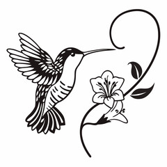 Black and white hummingbird with flower and vine design