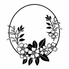 Black and white floral wreath with oval frame and delicate flowers and leaves