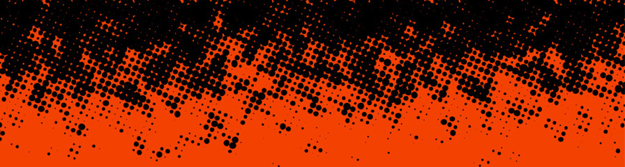 Abstract black halftone dots create a bold gradient effect over a vivid orange background in this eye-catching design. Vector illustration.