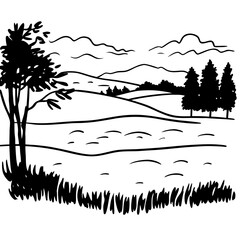 Black and white silhouette of a rolling landscape with trees and clouds