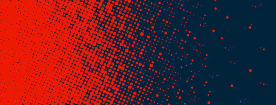 Vibrant red halftone dots fade into dark blue background. Vector illustration with bold comic-inspired gradient effect.