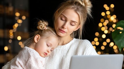 A serene moment of a mother and daughter, with the child resting on her shoulder as they sit in a cozy environment filled with soft lights.