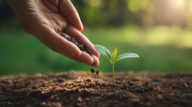 Close up of a hand planting seeds in fertile soil with a young seedling growing