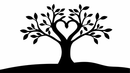 Obraz premium Silhouette of a tree with branches forming a heart shape and leaves on a white background with a hill base