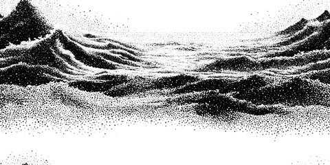 Fototapeta premium Intricate dotwork stippling depiction of star-like micro particles in an abstract landscape scene