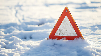 Triangular Caution Sign in Winter: A red-bordered warning sign sits partially submerged in fresh snow, illuminated by sunlight, indicating potential hazards.