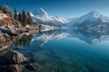 Naklejka premium Pristine alpine landscape with snow-capped mountains and tranquil lake reflection