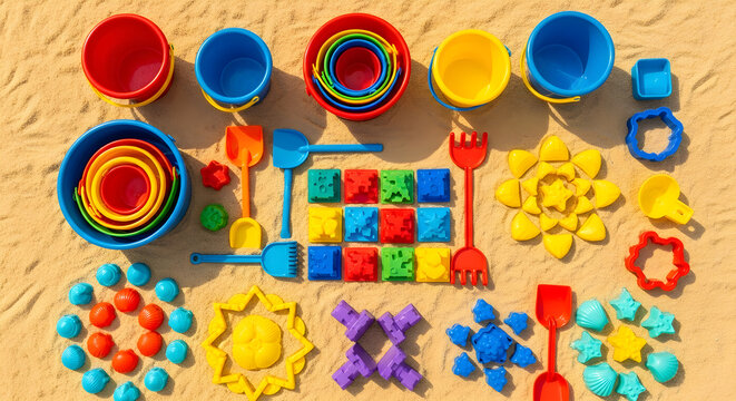 Colorful beach sand toys buckets shovels and molds for kids summer fun and creative play in the sand pit - Powered by Adobe