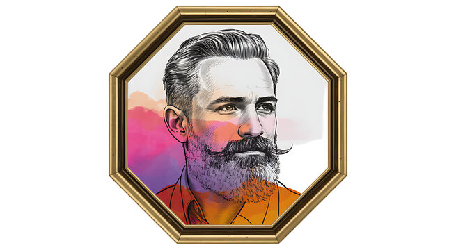 Octagonal framed portrait of a man with a mustache and graying hair