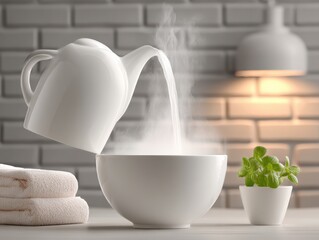 A steaming teapot pours hot water into a white bowl, surrounded by towels and a small mint plant, creating a calming, minimalistic kitchen scene.
