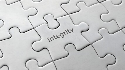 Fototapeta premium Close Up of White Jigsaw Puzzle with the Word Integrity in Center Piece