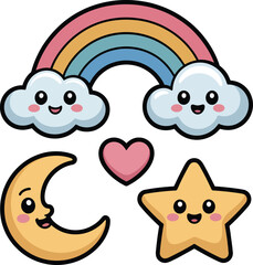 Naklejka premium Cute aesthetic icons set with heart moon star rainbow and cloud isolated on transparent background